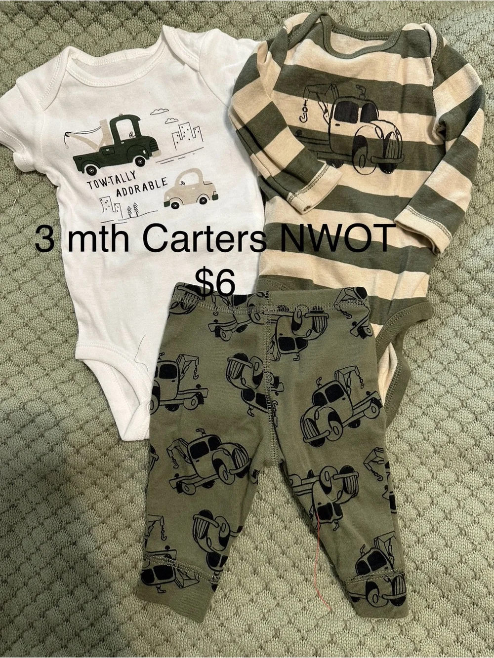 Carter's Green and White Tow Truck Baby Bodysuits & Pants Set
